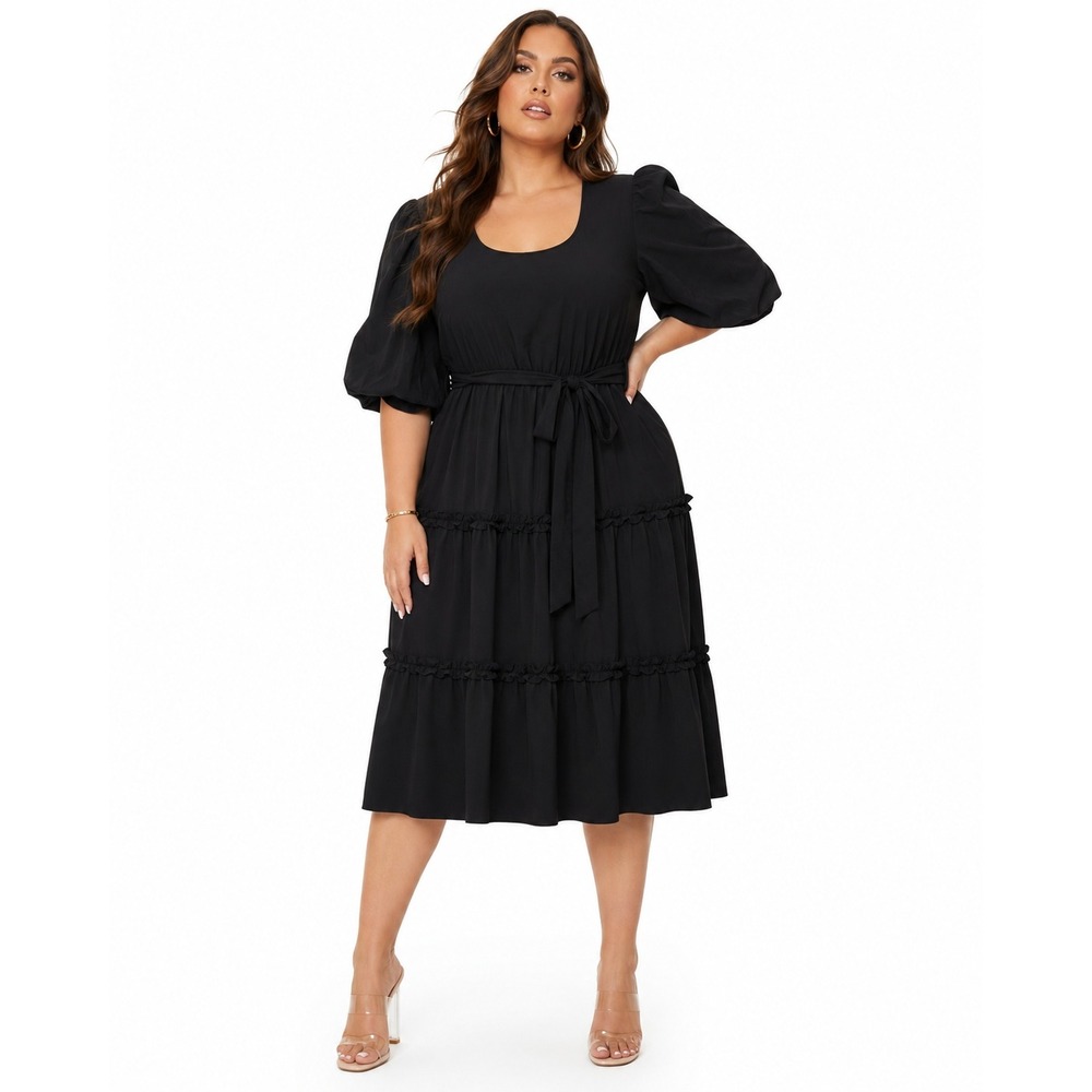 Mark & James Badgley Mischka Black Tiered Puff Sleeve Midi Dress 1XL NWT